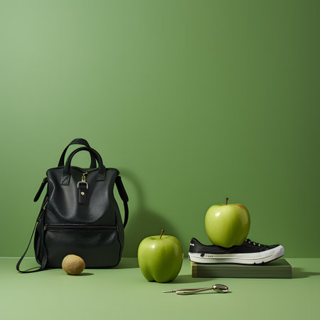 Backpack, apple and tennis racket on green background. 3d renderingの素材