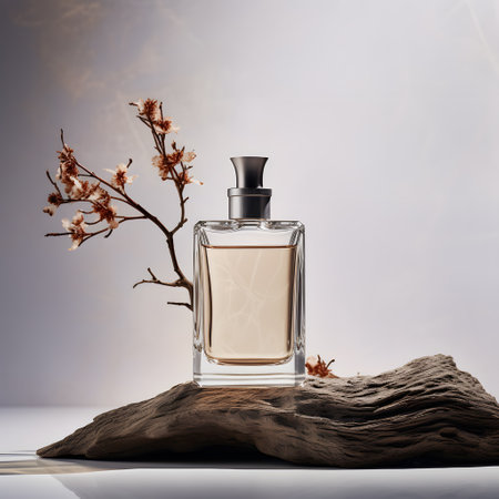 Perfume bottle on a rock with a branch of a blossoming tree.の素材
