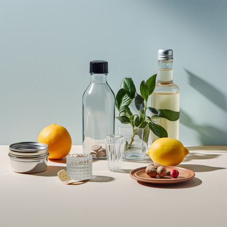 bottle of olive oil, lemon, salt and nuts on tableの素材