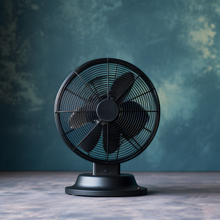 Black electric fan on the table in front of a blue wall. 3d renderingの素材