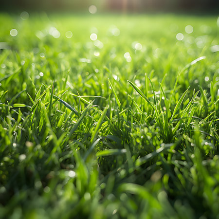 Fresh green grass with dew drops in the morning light. Natural backgroundの素材