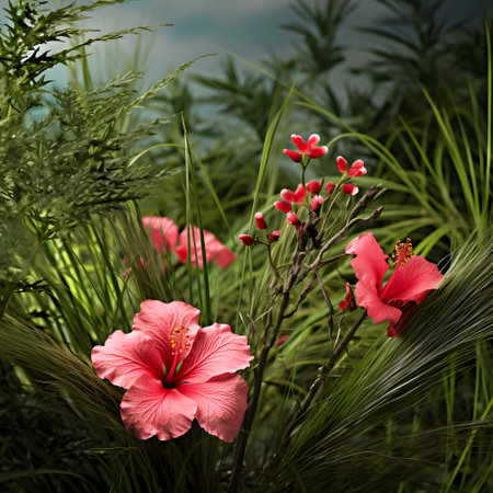 Pink hibiscus flowers on a background of green grass.の素材