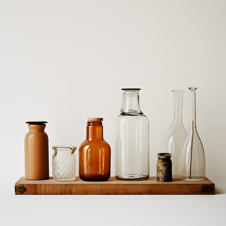 Set of different types of glass bottles on wooden shelf against white wallの素材
