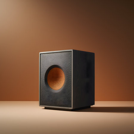 Black speaker on a brown background. ai generated. Music conceptの素材
