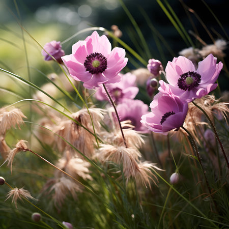 Pink anemone flowers in the meadow on a sunny dayの素材