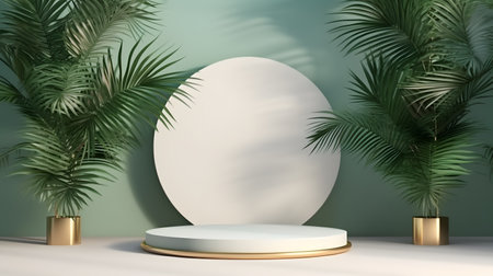Minimal scene with round podium and palm leaves. 3D renderingの素材