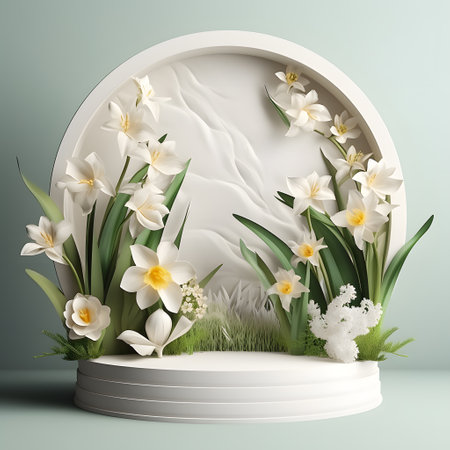 3d render, white round podium with white narcissus flowers on green backgroundの素材