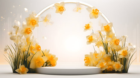 White podium with daffodils on white background. 3d renderの素材
