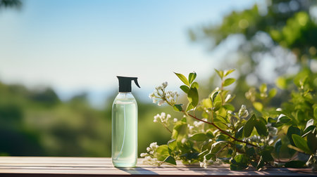 Hand sanitizer bottle on wooden table in summer garden with green foliageの素材