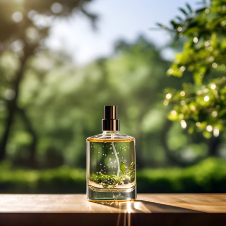Bottle of perfume on wooden table in garden. Mockup for designの素材