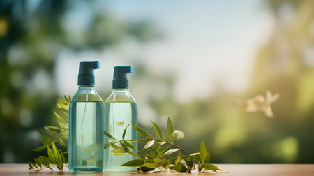 Cosmetic bottles with green leaves on wooden table and blurred nature backgroundの素材