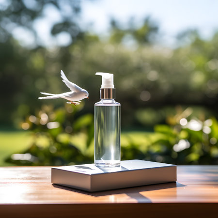 Bottle of hand sanitizer with white dove on wooden tableの素材