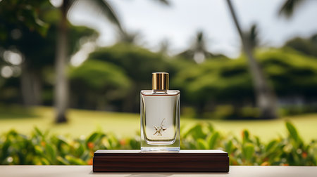 Perfume bottle on a wooden platform with palm trees in the backgroundの素材