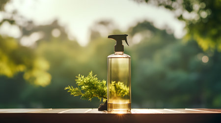 Hand sanitizer or liquid soap dispenser bottle with green plant on wooden table in garden.の素材