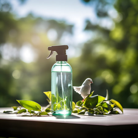 Hand sanitizer bottle and white bird on green nature background.の素材
