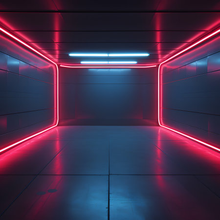 3d rendering. Futuristic interior corridor with neon lights. Sci-fi background.の素材