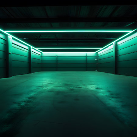 3D rendering of an empty warehouse interior with neon lights in the darkの素材