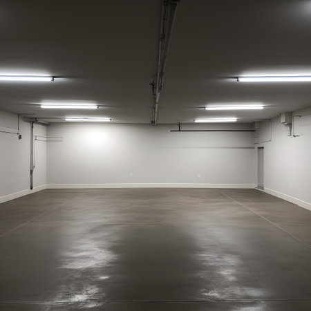 Interior of an empty parking lot with white walls and concrete floorの素材