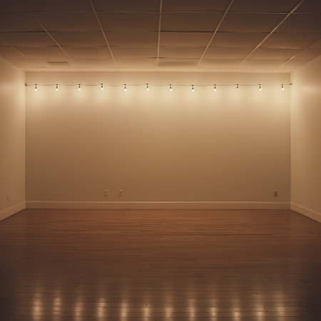 Empty room with light bulbs and wooden floor. 3D Renderingの素材