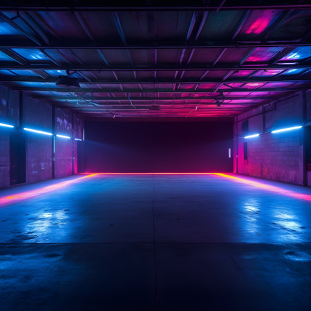 Interior of a dark basement with neon lights and reflections. Concrete floorの素材