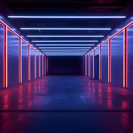 3d rendering of empty corridor with neon lights. Futuristic interiorの素材