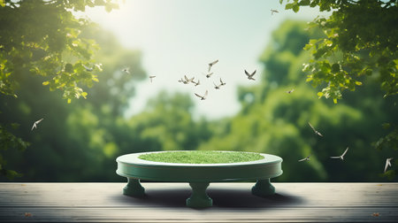 Wooden table with grass and flying birds. 3D Renderingの素材
