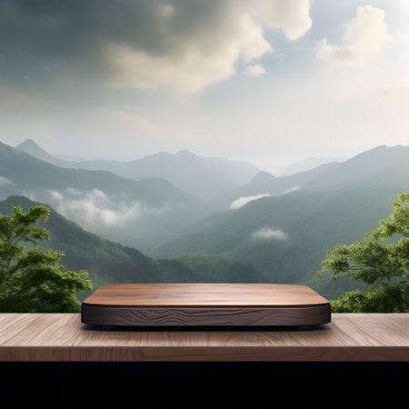 Wooden product display with nature background. 3D Rendering.の素材