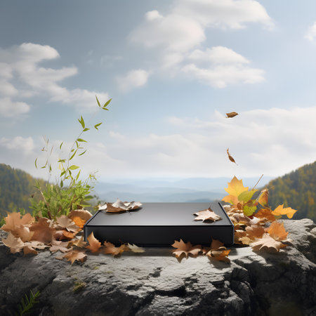 Black box with autumn leaves on the rock. 3d rendering.の素材