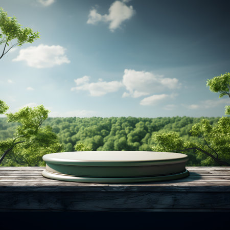 3d render of white round podium on wooden table with nature backgroundの素材