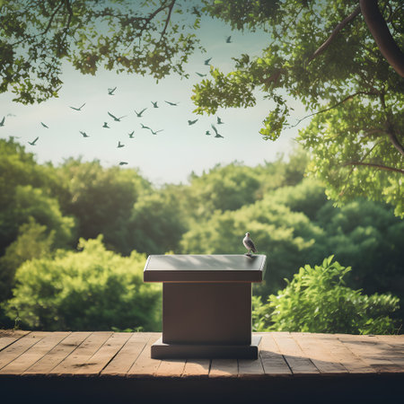 Wooden box with bird on wooden table in the park with trees and sky backgroundの素材