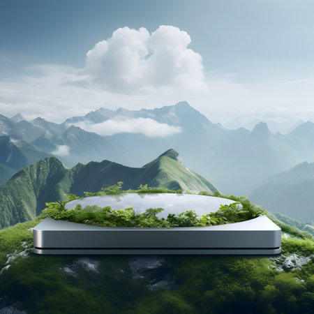 3D render of a green landscape with grass and mountains in the backgroundの素材