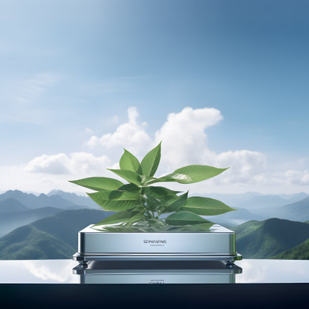 3d rendering of green plant on glass table with beautiful mountain backgroundの素材