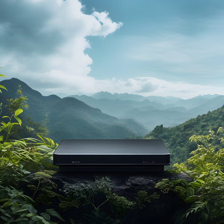 black square podium on the Mountain with Beautiful Nature Background, ai generatedの素材