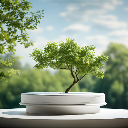 Bonsai tree in white pot on table. 3d renderの素材