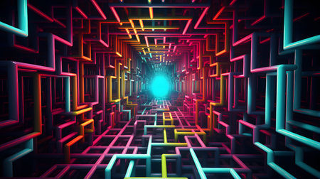 Colorful abstract tunnel with glowing neon light. 3D Renderingの素材