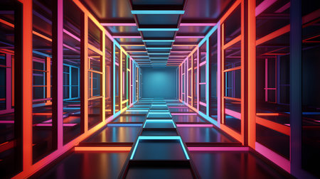 Abstract 3D rendering of corridor with glowing neon lights. Futuristic backgroundの素材