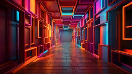 Futuristic corridor with glowing neon lights. 3D rendering.の素材
