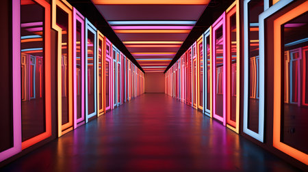 Futuristic corridor with glowing neon lights. 3D Renderingの素材