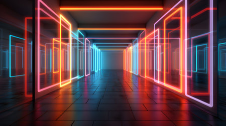 Futuristic neon corridor with glowing lights. 3D rendering.の素材