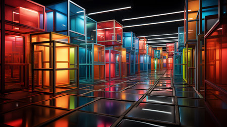 3D rendering of a corridor in a dark room with neon lightsの素材