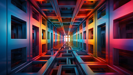 Futuristic corridor interior with glowing neon lights. 3D renderingの素材