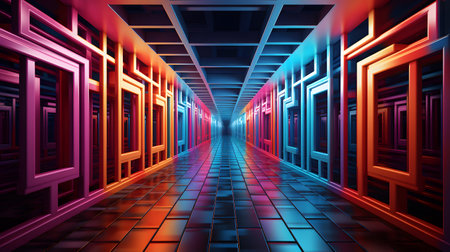 Futuristic corridor with glowing neon lights, 3d render illustrationの素材
