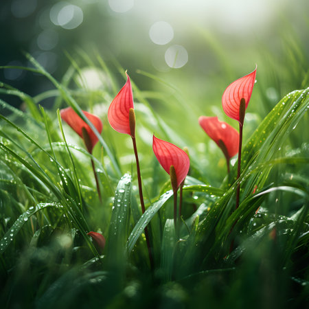 Beautiful red anthurium flower in green grass with bokeh backgroundの素材