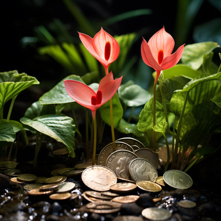 Red anthurium flower growing from pile of coins on dark backgroundの素材