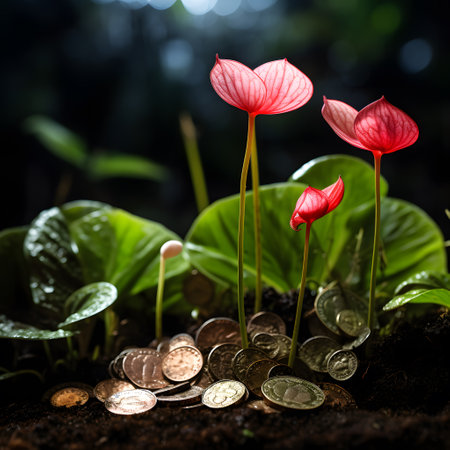 Red flower growing from pile of coins with blurred background, Business growth conceptの素材