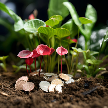 Investment concept, Coins with green plant and red flower in soilの素材