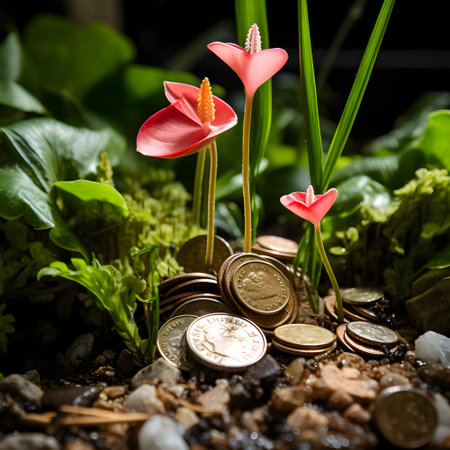 Plant growing out of a pile of coins, the concept of saving moneyの素材