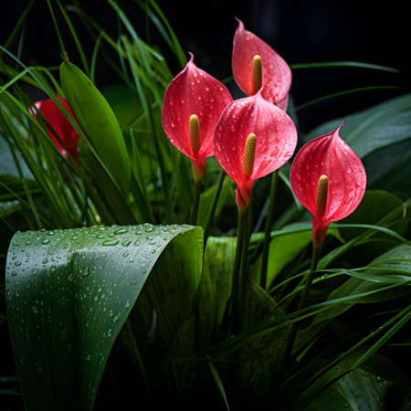 Beautiful red anthurium flowers with raindrops on dark backgroundの素材