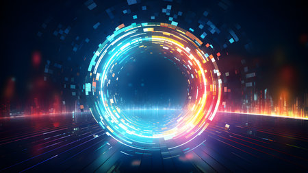Neon circles and lines on a dark background. 3d renderingの素材