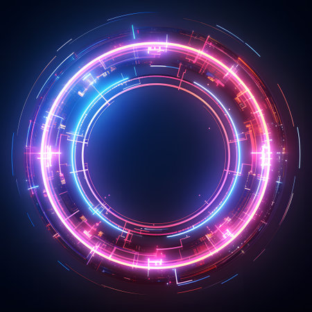 Neon circles abstract background. Vector illustration. Futuristic technology style.の素材